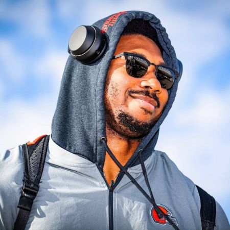 Myles Garrett wore goggles' and Hood of Cleveland Browns.